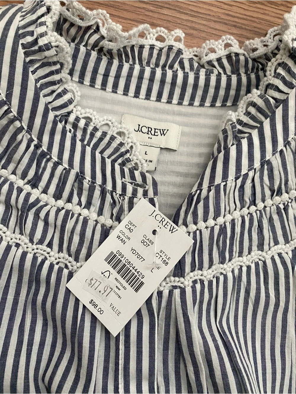 J. Crew Navy and White Striped Button-Front Smocked Yoke Blouse